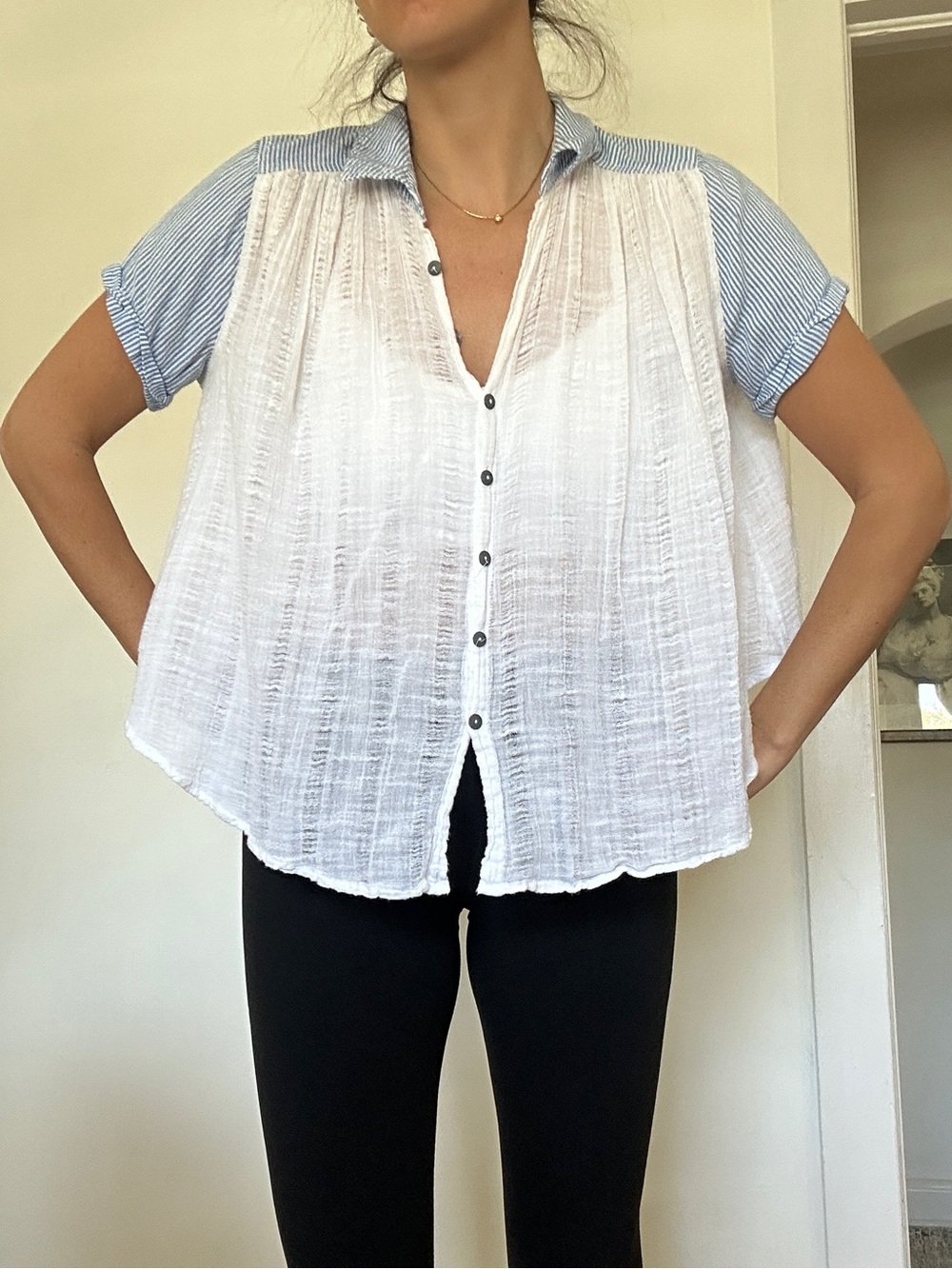 Free People White Gauze Button Front Top with Blue Striped Sleeves